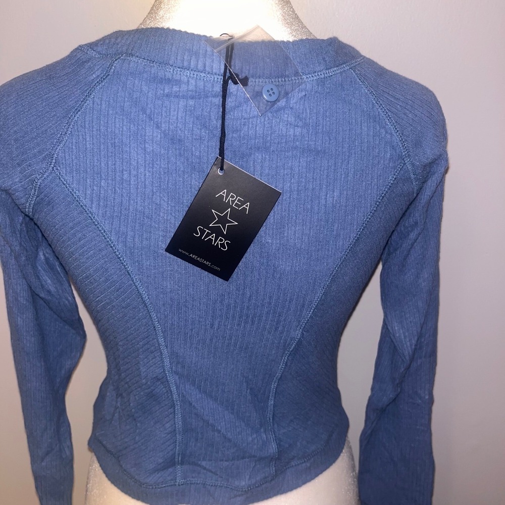 Area Stars Ribbed Knit Cardigan Top Button Front Long Sleeve Blue XS - Picture 2 of 5